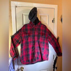 American Eagle Mens XL Sweatshirt Detachable Hoodie Button Up Plaid Distressed
